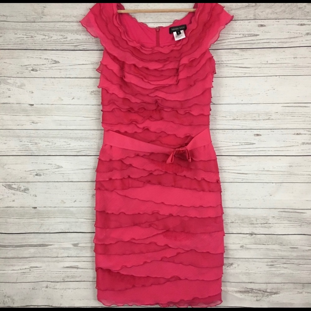Tadashi Shoji tiered ruffle bow sheath dress